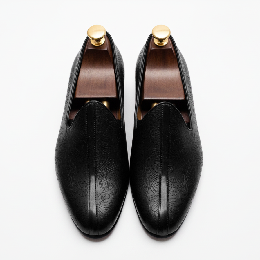 Black Leather Tana Peshawari Jutti Loafers | Wedding Shoes for Groom | Shoes for Haldi Mehendi Sangeet