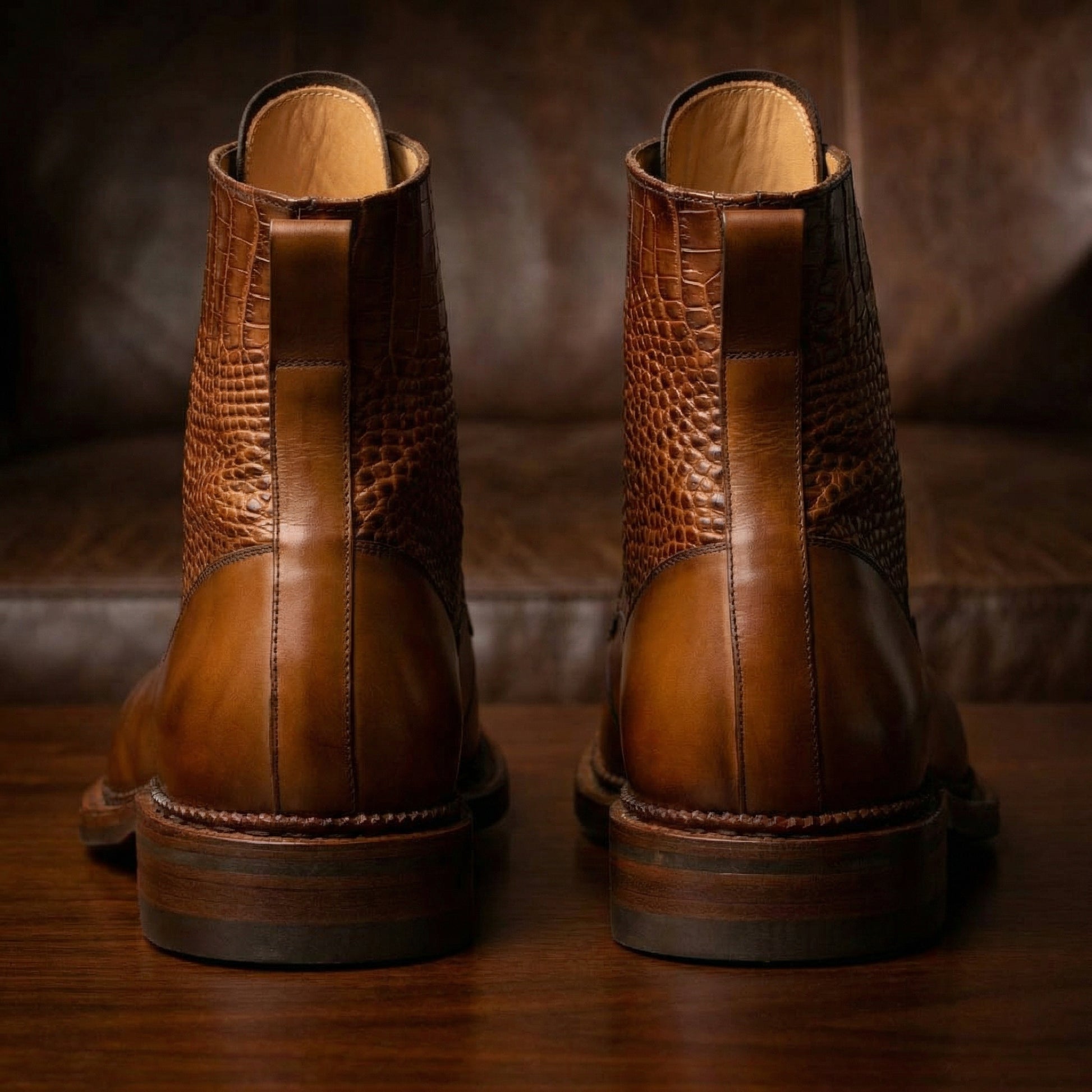 Tan Alligator Textured Leather Furzton Lace Up Boots