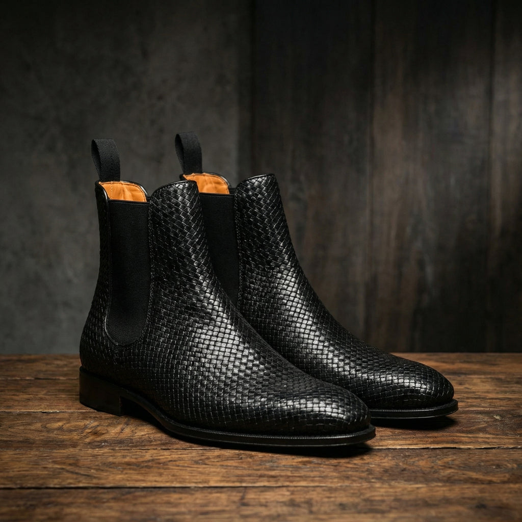 Black Braided Leather Fenland Slip On Chelsea Boots