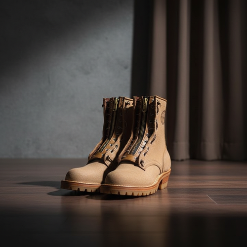 Beige  Leather Lace-Up Adventure Ambler Zipper in Middle Chunky Boots - Hiking and Trekking Boots