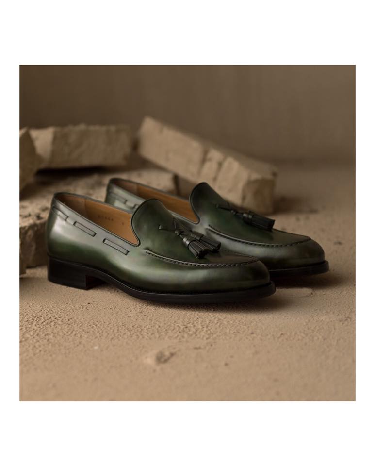 Height Increasing Olive Green Leather Barbican Tassel Loafers