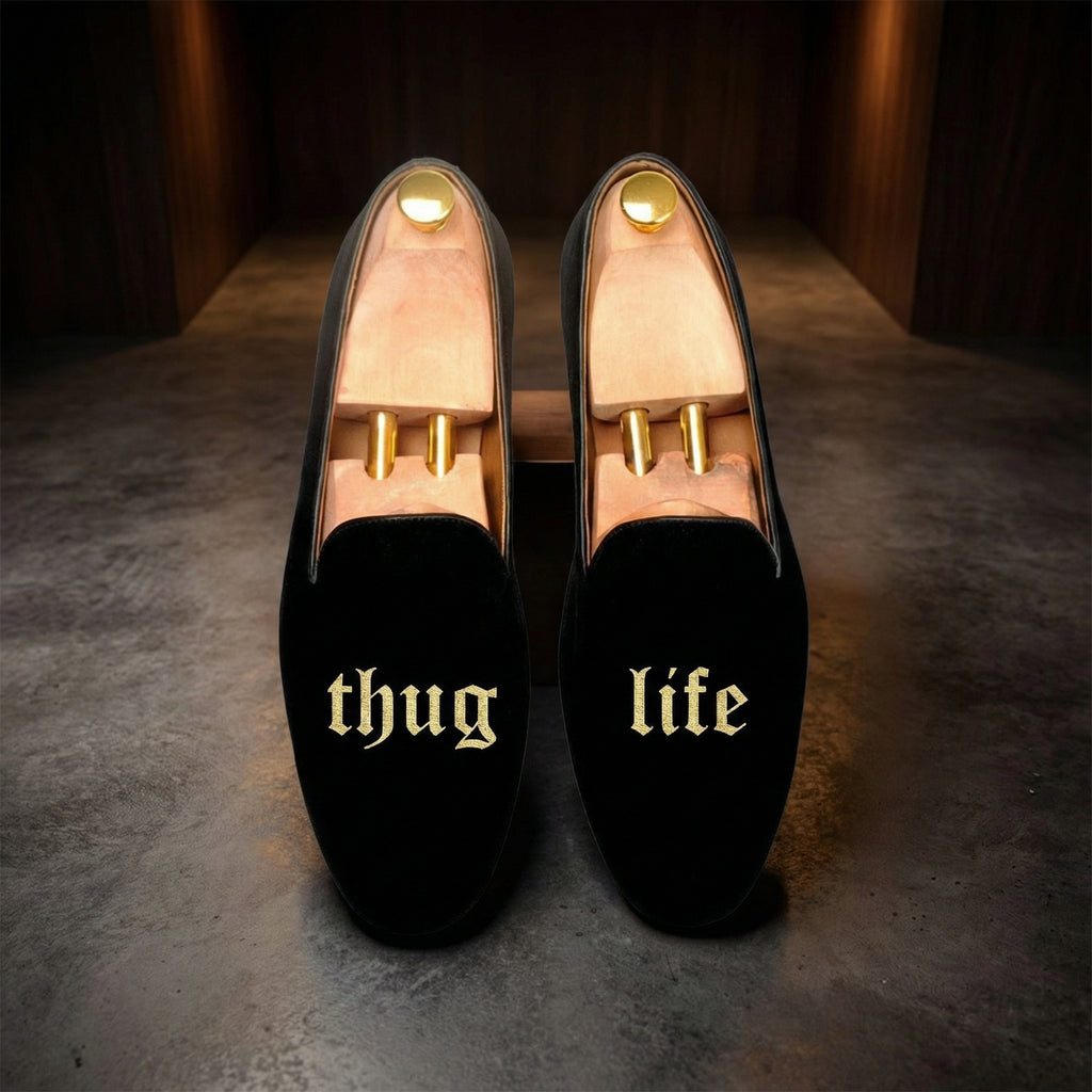 Black Velvet Thug Life Embroidered Loafers