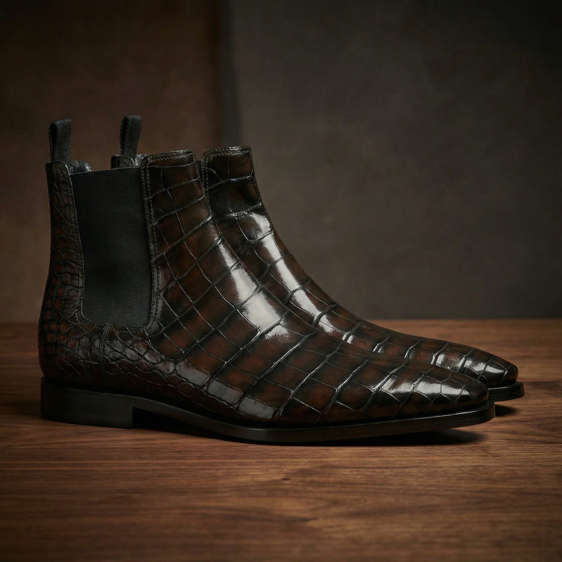 Brown Alligator Textured Leather Evington Chelsea Slip On Boots