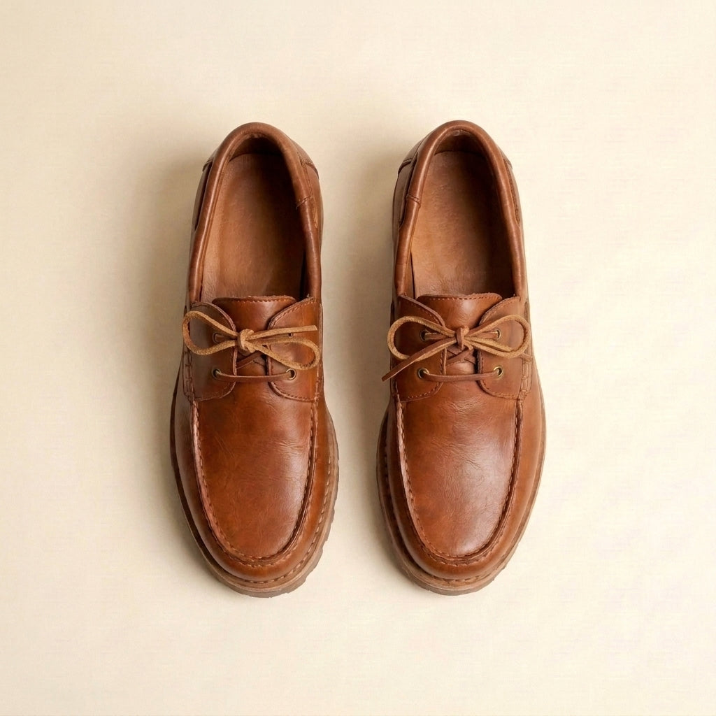 Brown Marcello boat shoes, pair seen from above