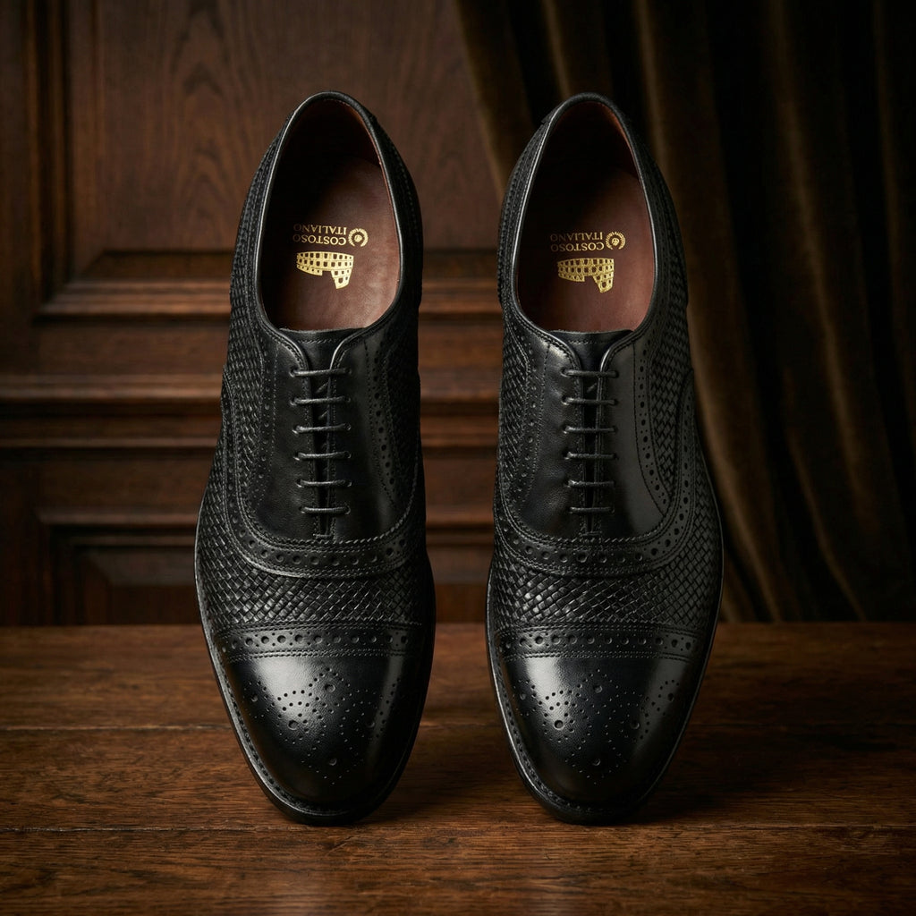 Black Braided Leather Morice Brogue Oxfords