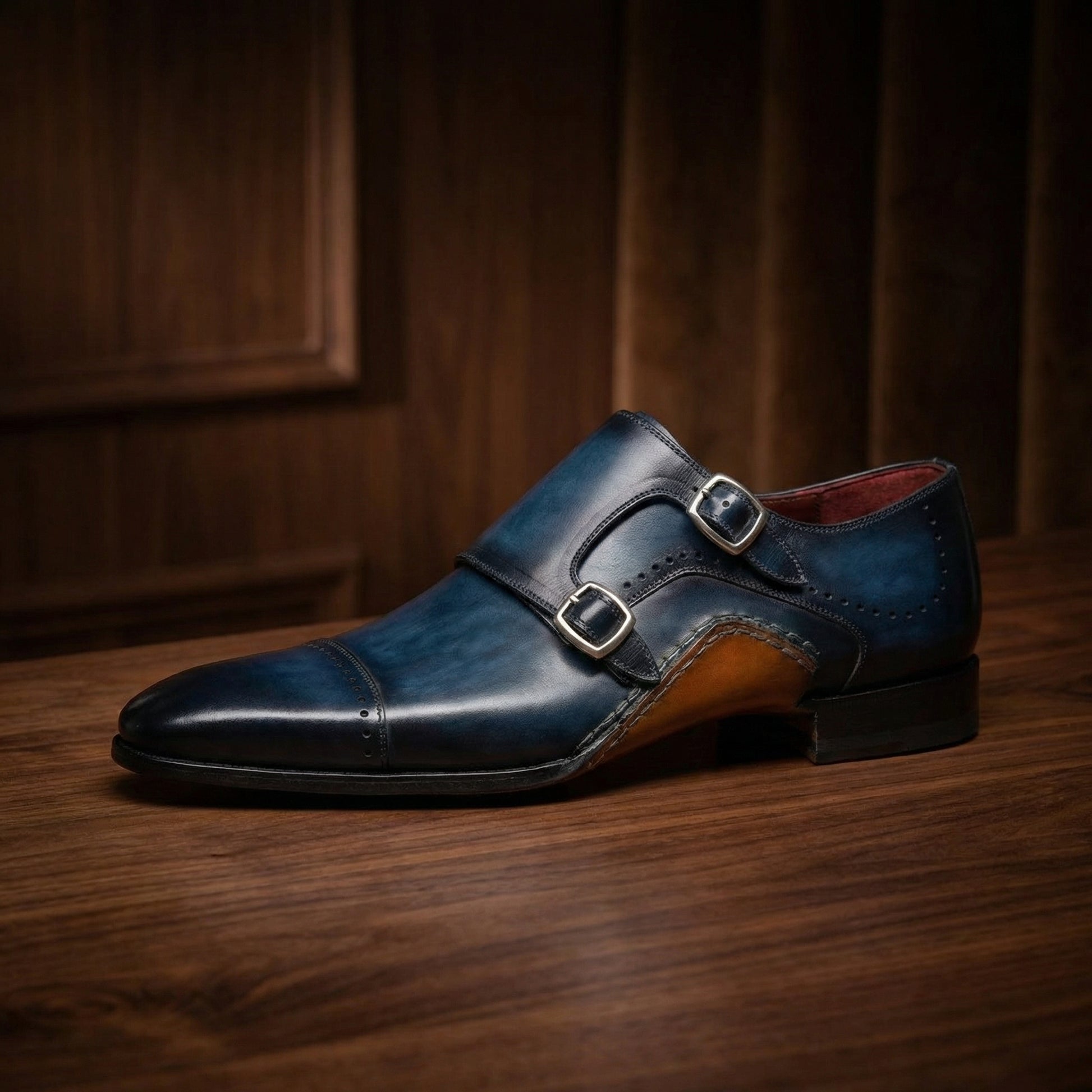 Navy Blue Leather Victoria Monk Strap Shoes