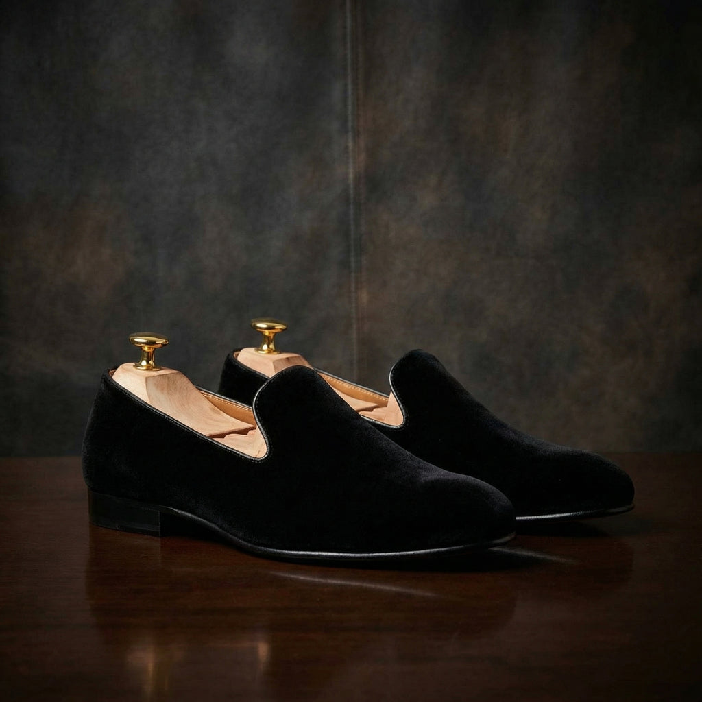 Black Velvet Spartan Shield Embroidered Loafers