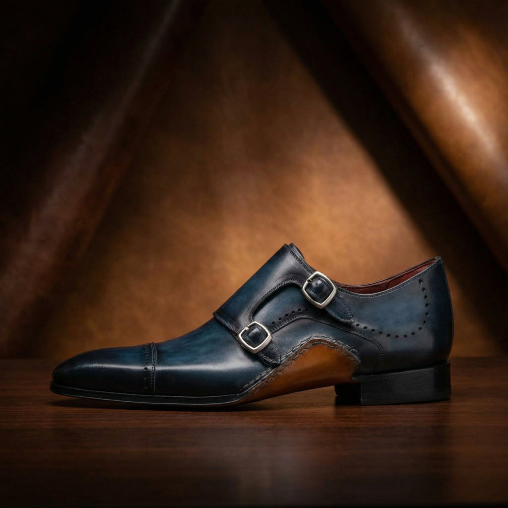 Height Increasing Navy Blue Leather Victoria Monk Strap Shoes