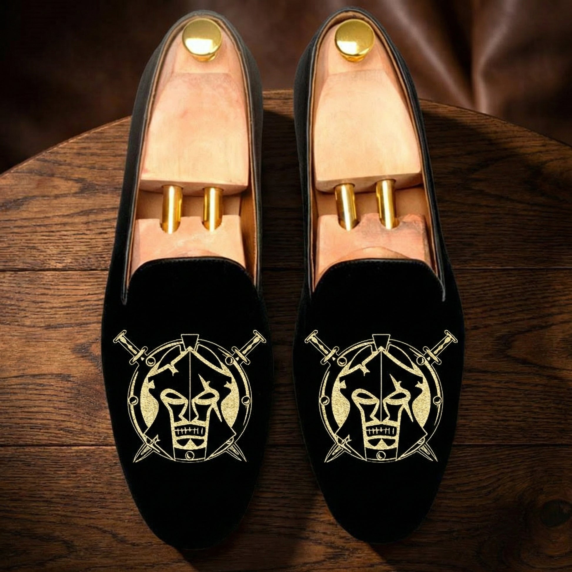 Black Velvet Spartan Shield Embroidered Loafers