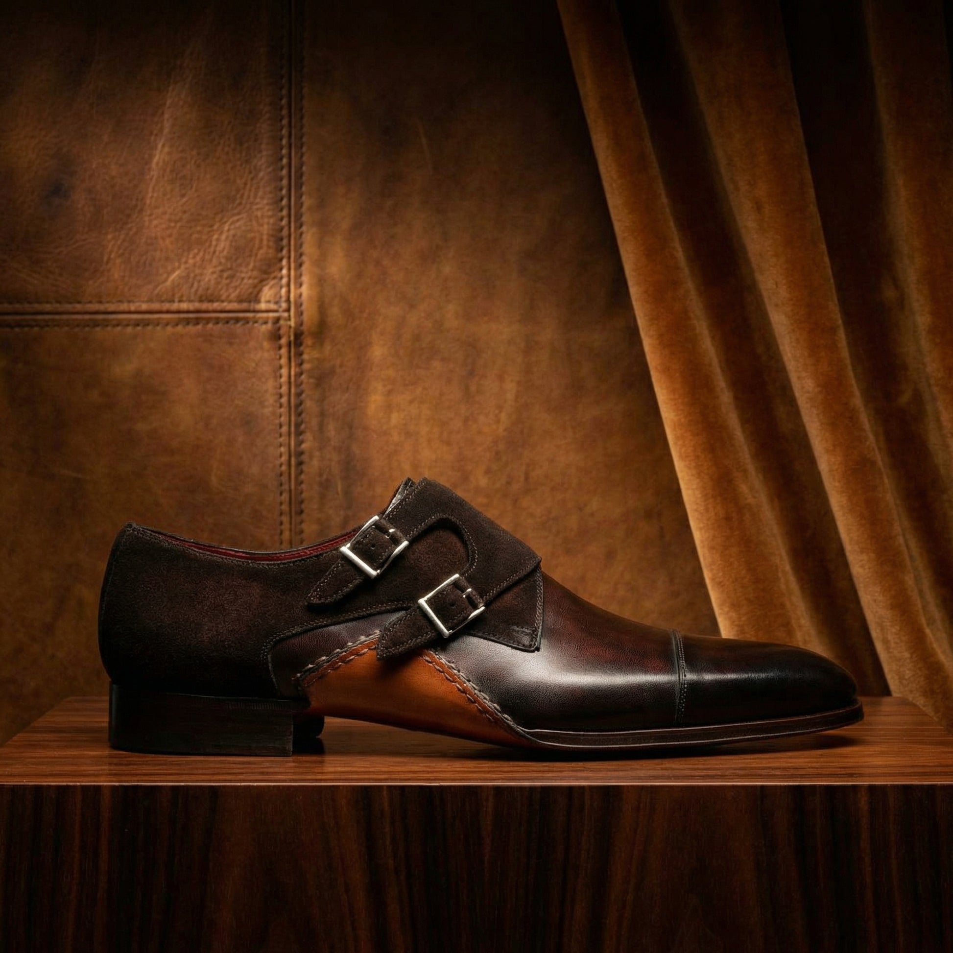 Brown Leather & Suede Bourke Monk Straps Shoes
