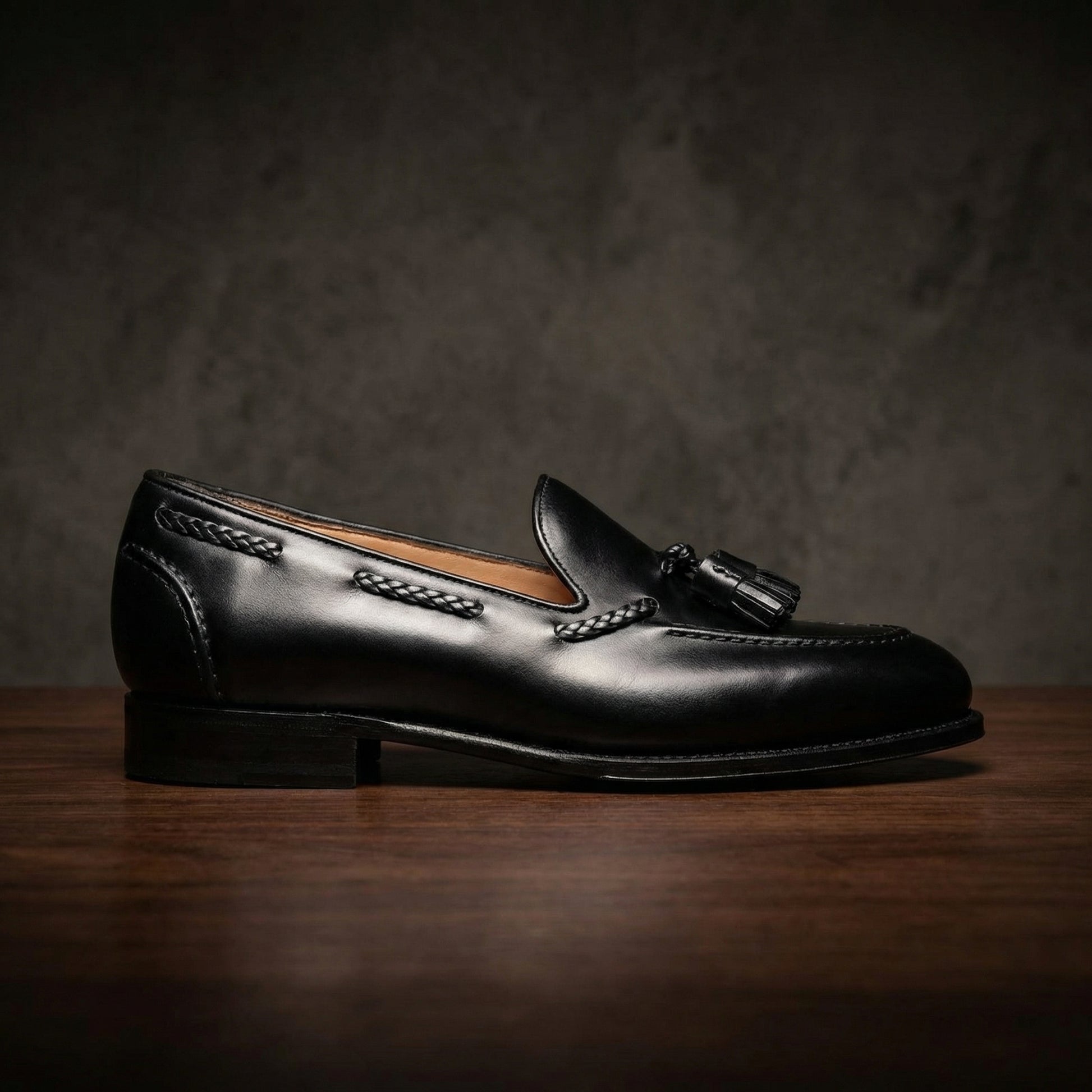 Height Increasing Black Leather Swale Tassel Loafers