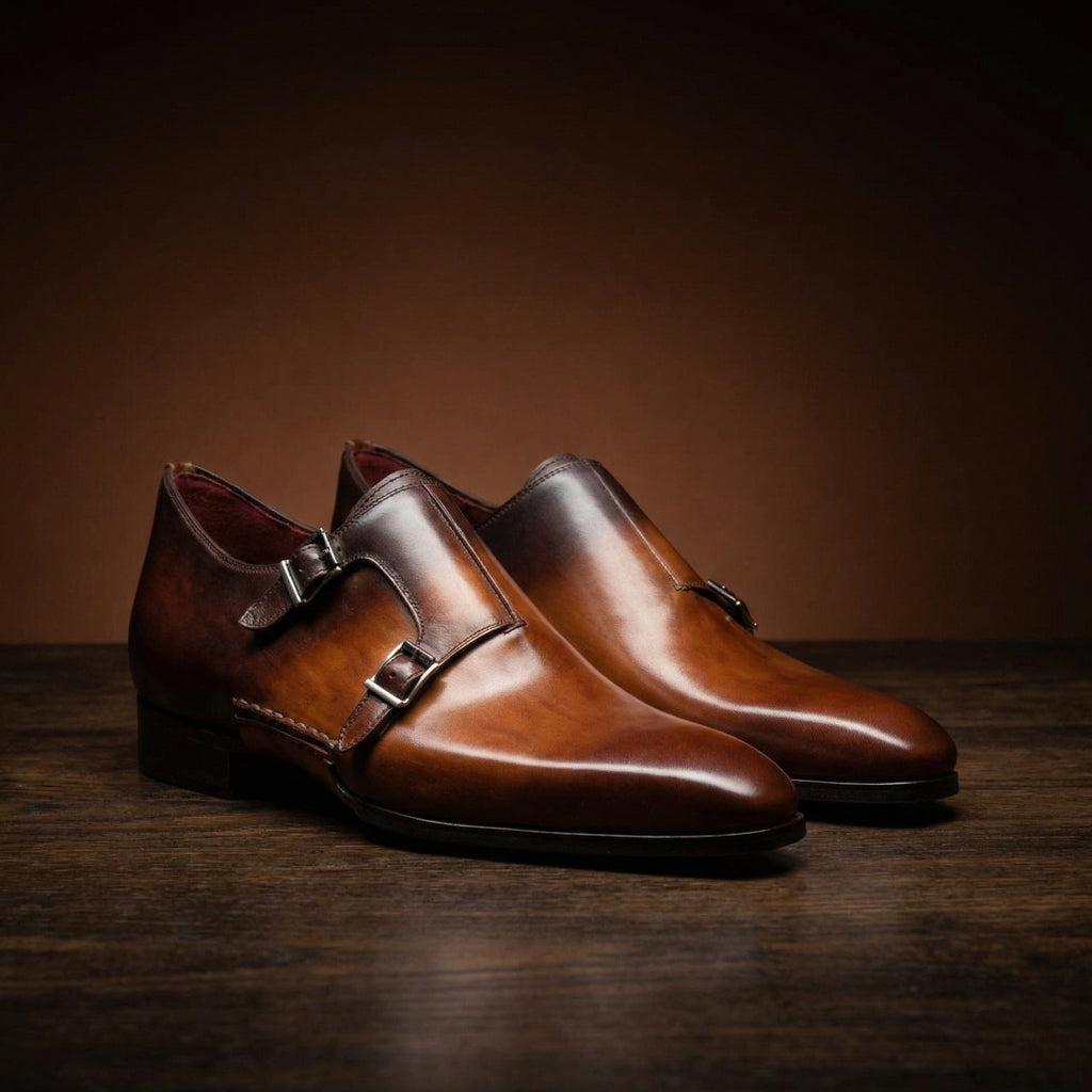 Height Increasing Tan & Brown Leather Ballina Monk Straps Shoes