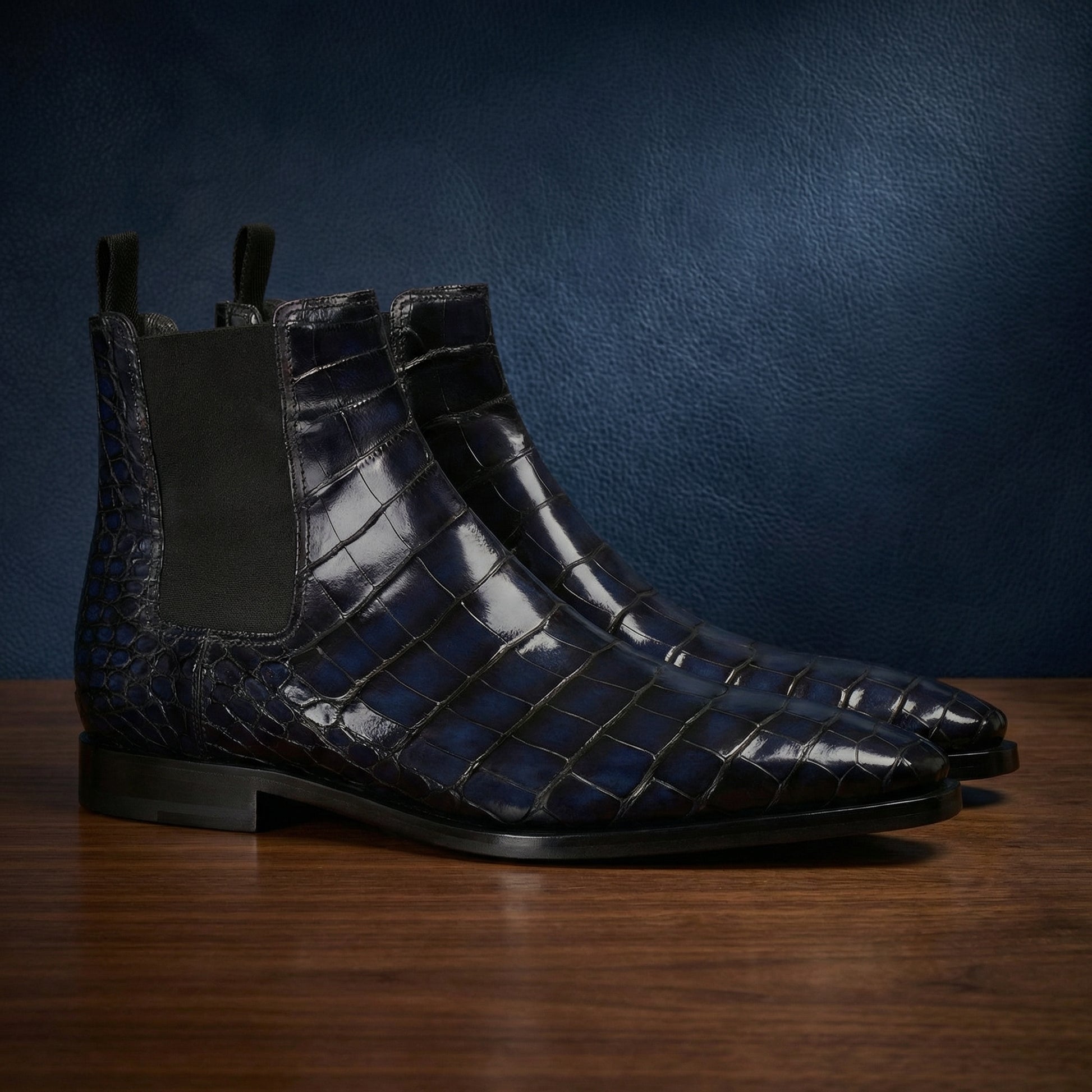 Navy Blue Alligator Textured Leather Evington Chelsea Slip On Boots