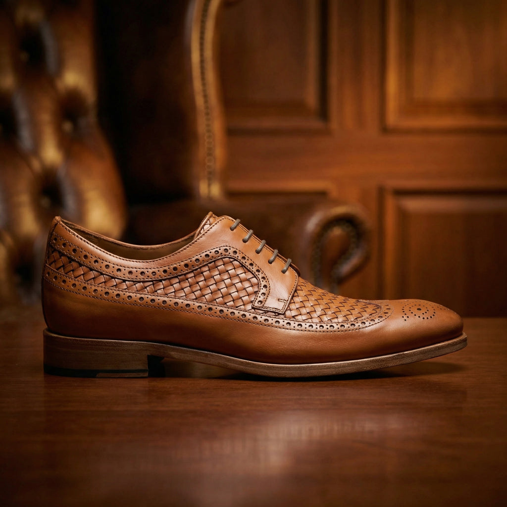 Height Increasing Tan Braided Leather Norwood Brogue Derby Shoes