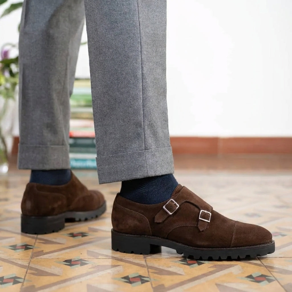 Brown Suede Krewsten Chunky Monk Strap Shoes with Toecap - With Track Soles