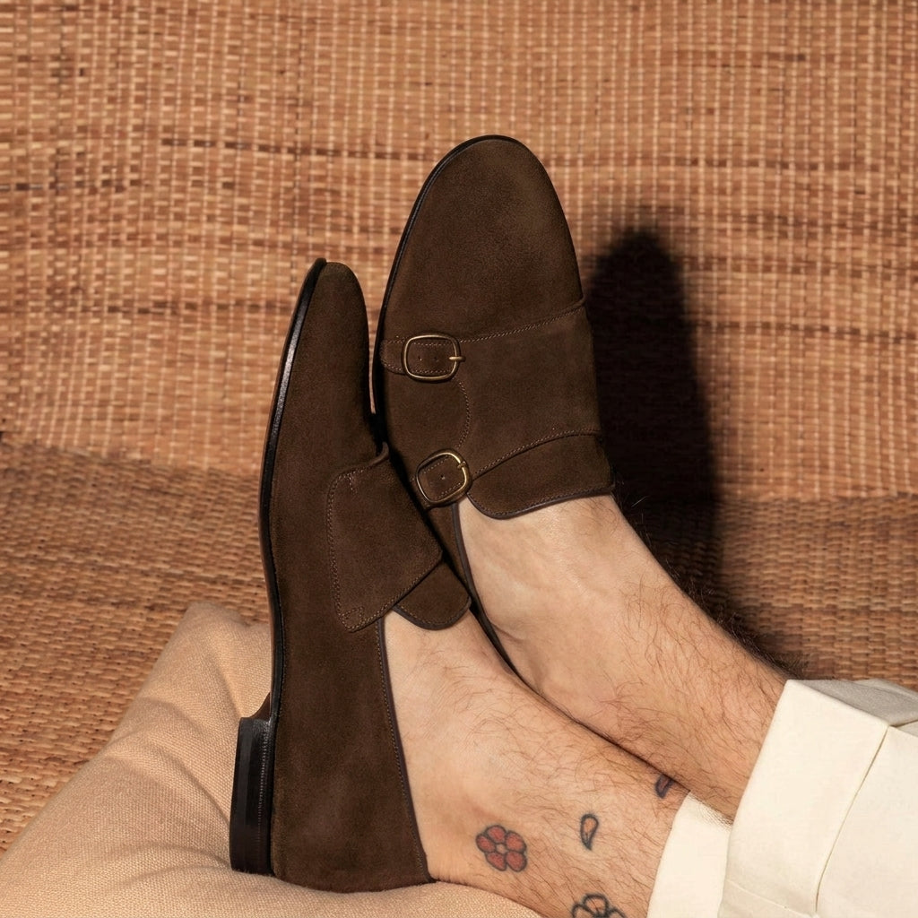 Height Increasing Brown Suede Nicoten Monk Strap Shoes