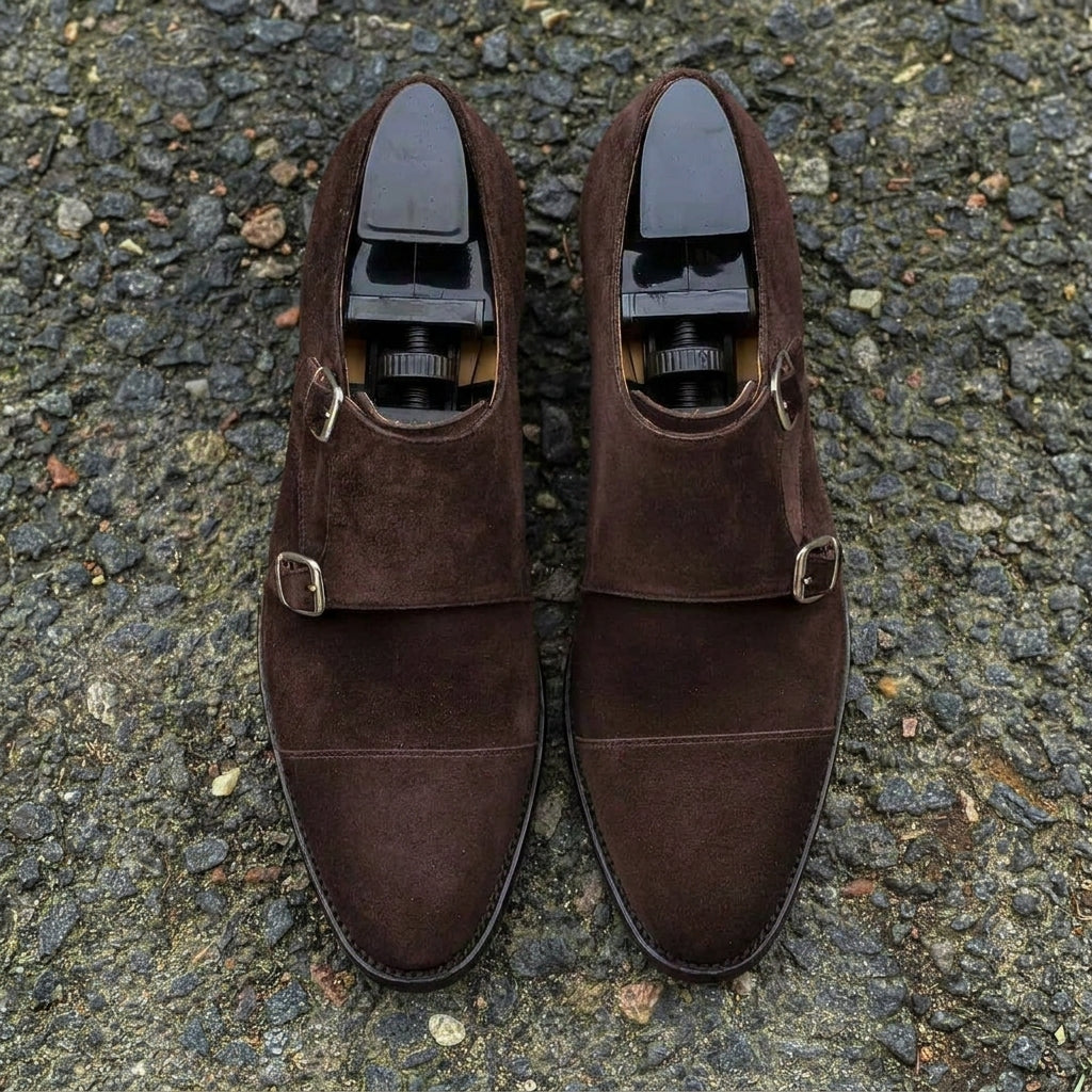 Height Increasing Brown Suede Aarburg Toe Cap Double Monk Straps