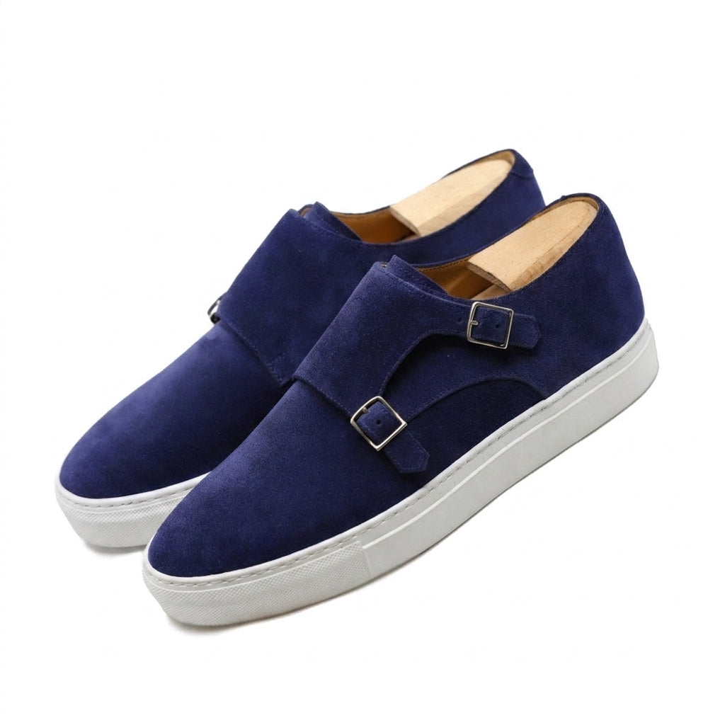 Height Increasing Navy Blue Suede Ferrol Monk Strap Sneakers