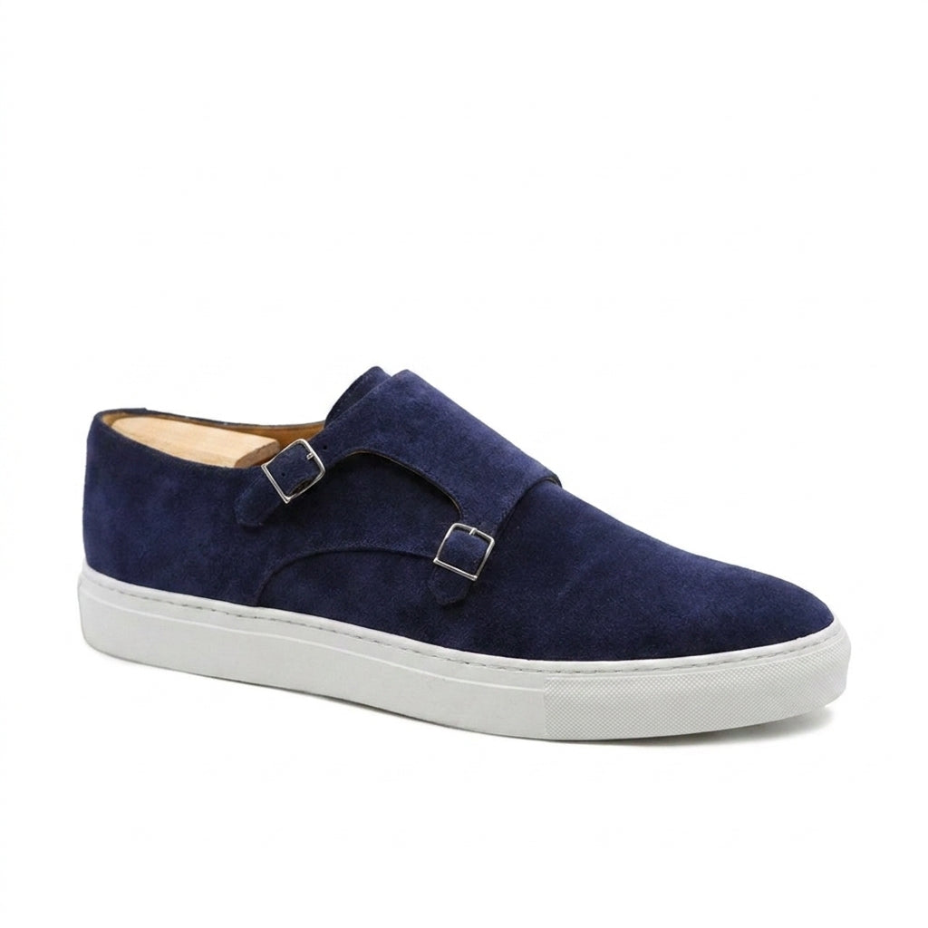 Height Increasing Navy Blue Suede Ferrol Monk Strap Sneakers