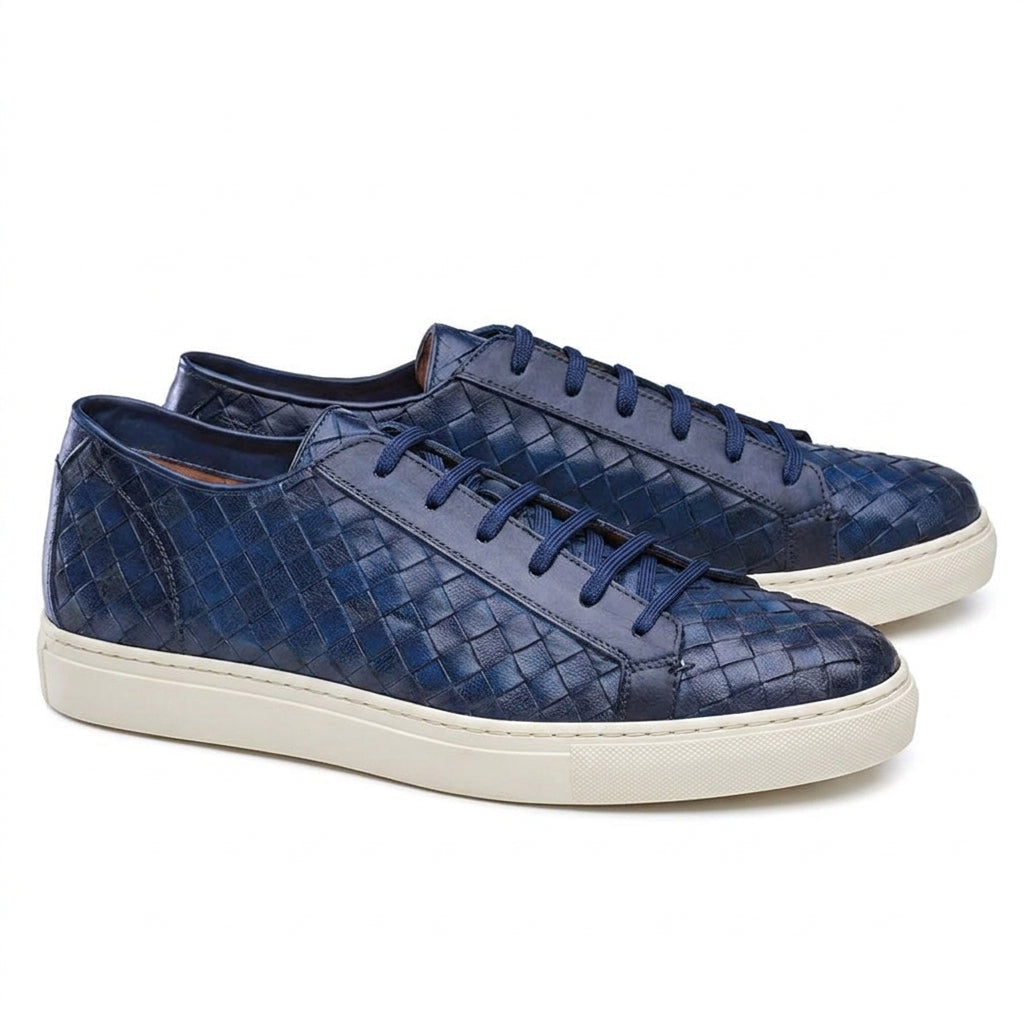 Height Increasing Navy Blue Braided Leather Cornella Lace Up Sneakers