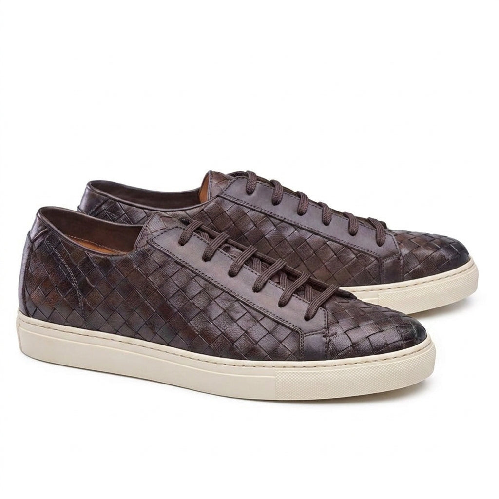 Height Increasing Brown Braided Leather Cornella Lace Up Sneakers