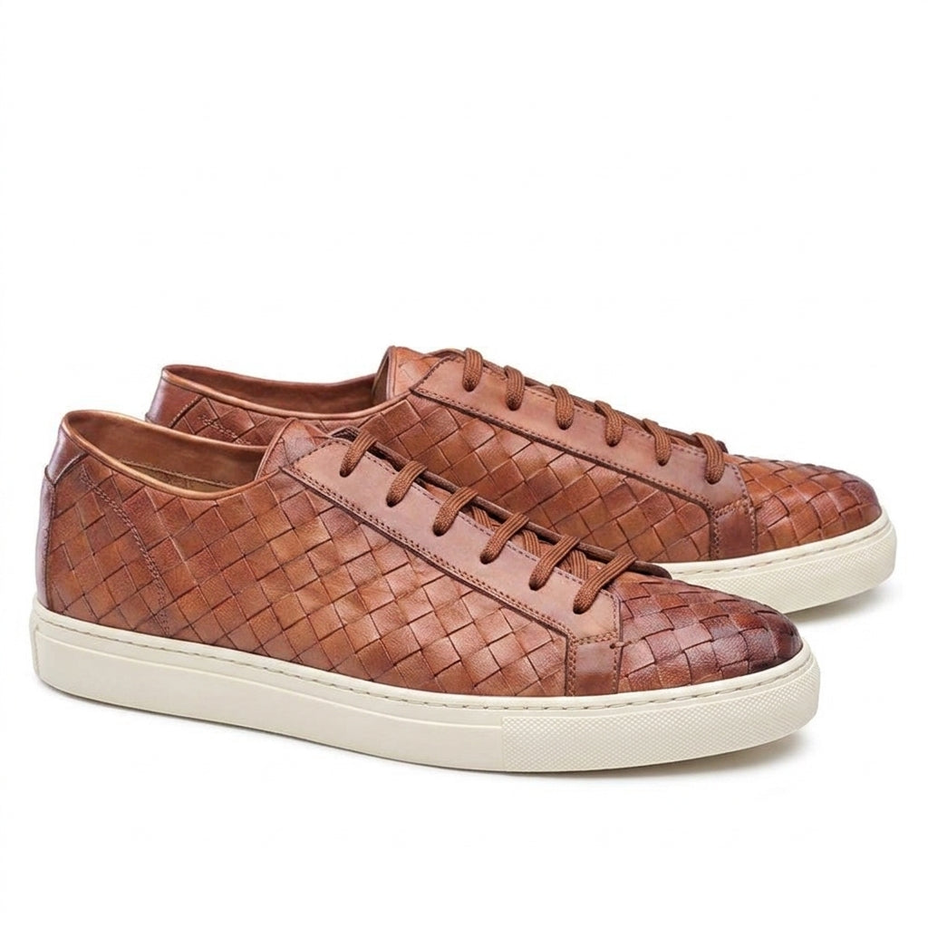 Height Increasing Tan Braided Leather Cornella Lace Up Sneakers