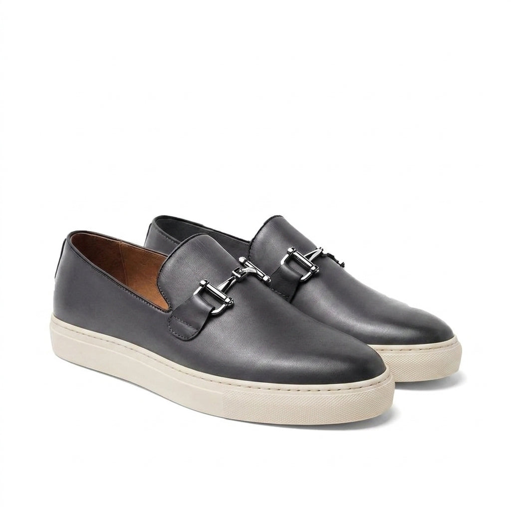 Height Increasing Black Leather Alvin Horse Bit Slip On Sneakers