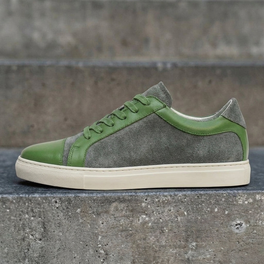 Height Increasing Green Leather and Grey Suede Angus Lace Up Sneakers