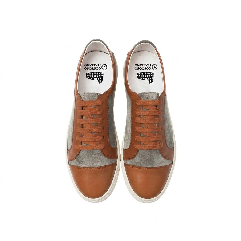 Height Increasing Tan Leather and Grey Suede Angus Lace Up Sneakers