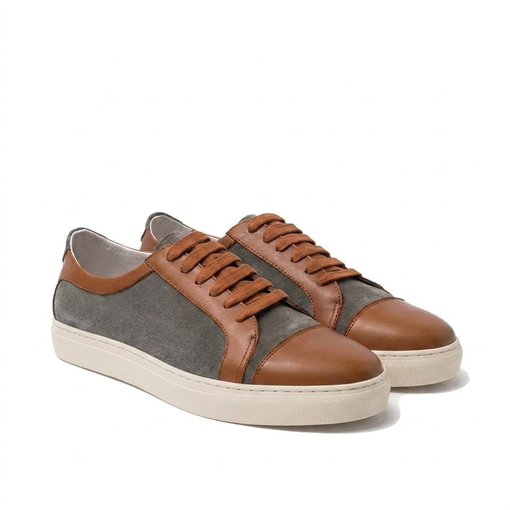 Height Increasing Tan Leather and Grey Suede Angus Lace Up Sneakers