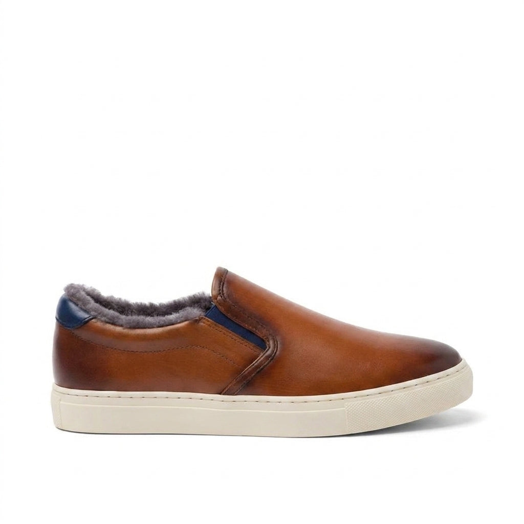 Height Increasing Tan Leather Alton Shearling Cuff Sneakers