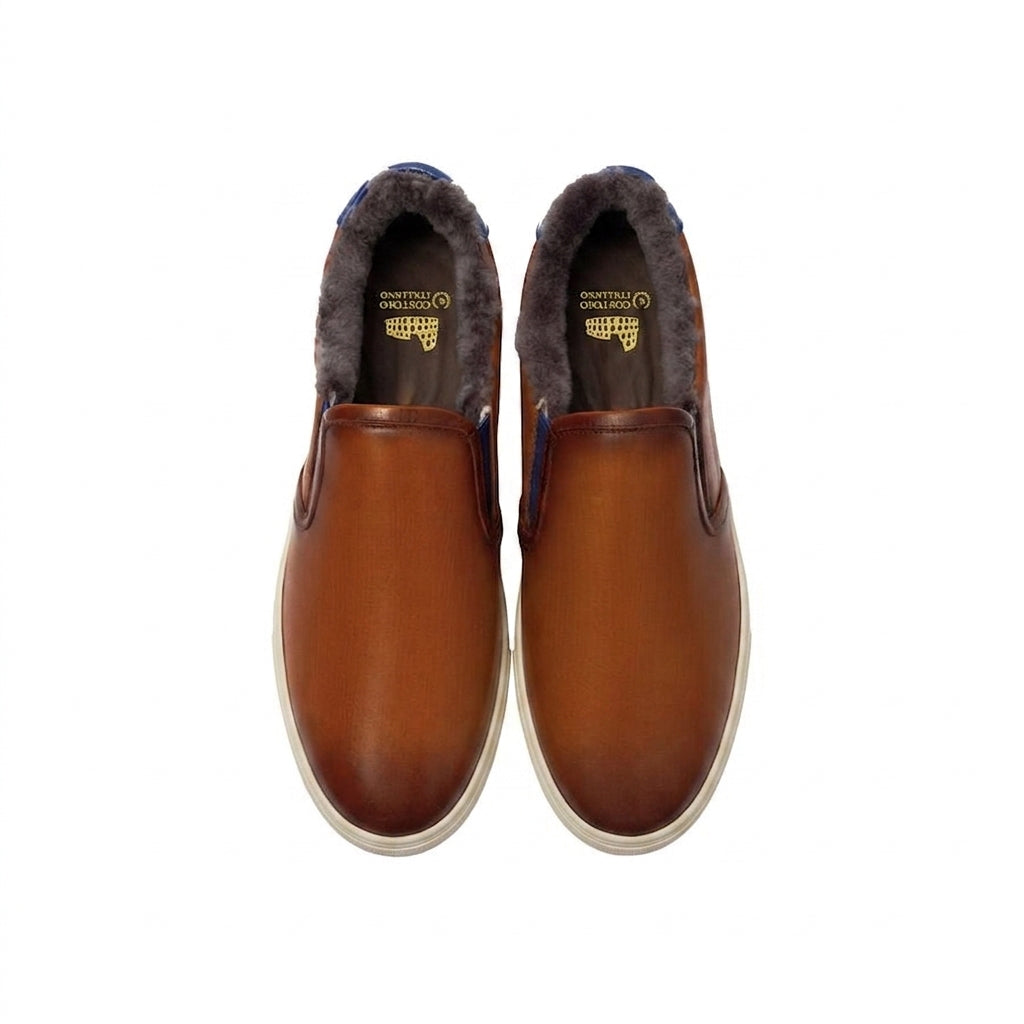 Height Increasing Tan Leather Alton Shearling Cuff Sneakers