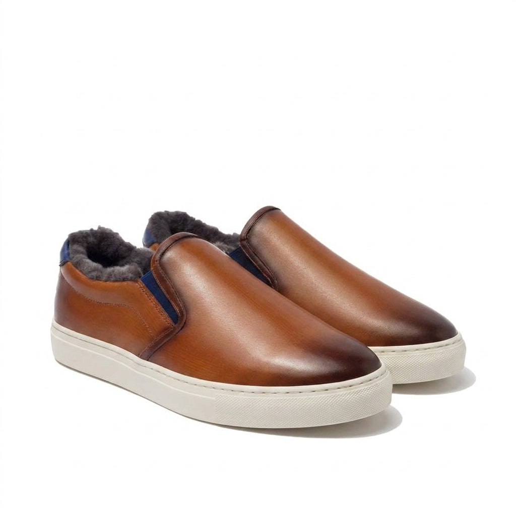 Height Increasing Tan Leather Alton Shearling Cuff Sneakers