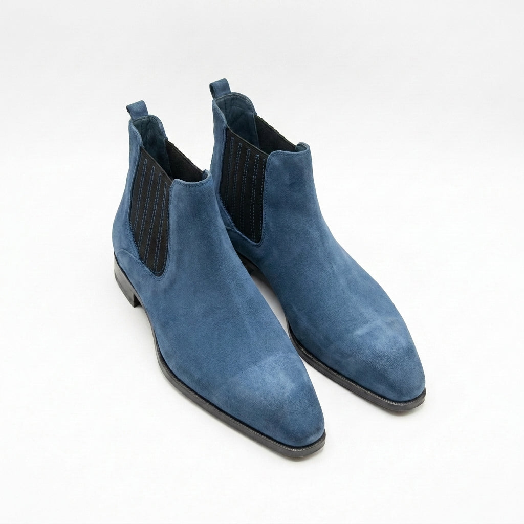 Height Increasing Goodyear Welted Cadaval Bright Blue Suede Chelsea Boot with Violin Leather Sole