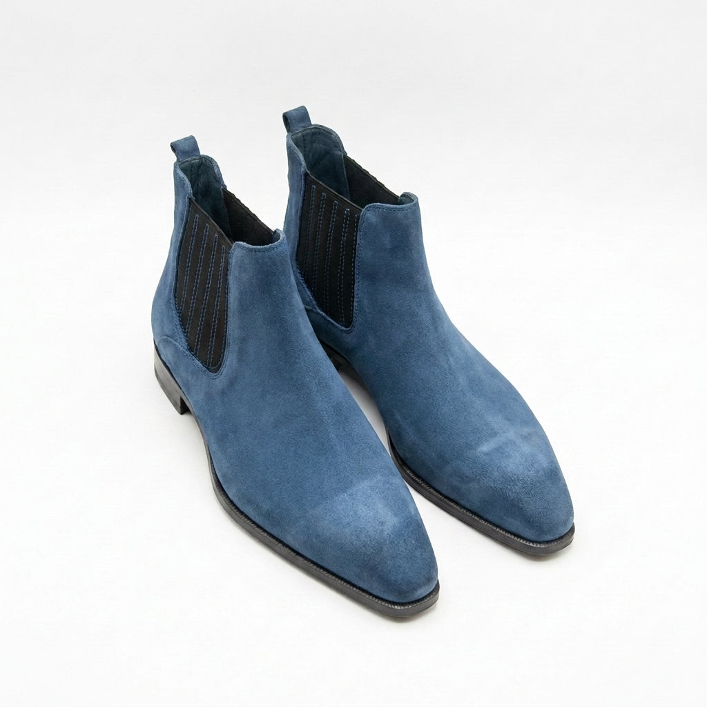 Height Increasing Goodyear Welted Cadaval Bright Blue Suede Chelsea Boot with Violin Leather Sole