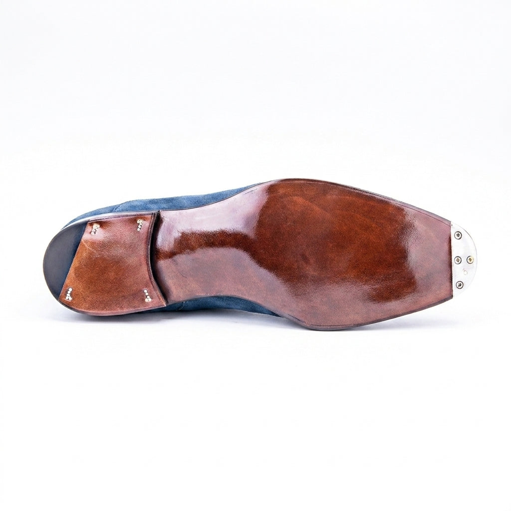 Height Increasing Goodyear Welted Cadaval Bright Blue Suede Chelsea Boot with Violin Leather Sole