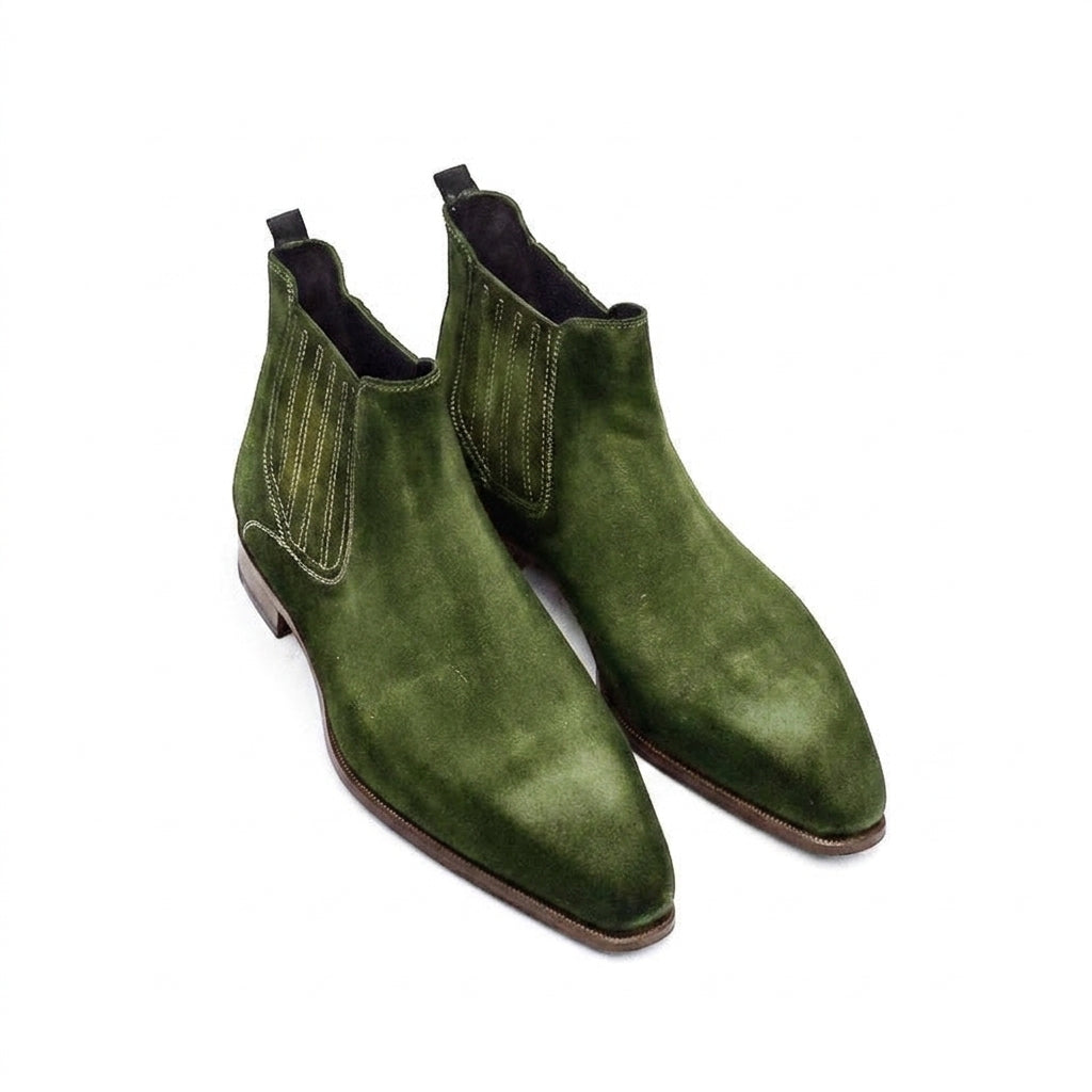 Height Increasing Goodyear Welted Cadaval Green Suede Chelsea Boot with Violin Leather Sole