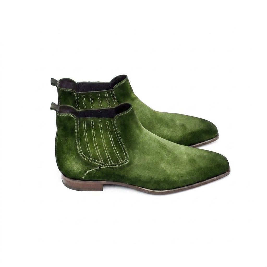 Height Increasing Goodyear Welted Cadaval Green Suede Chelsea Boot with Violin Leather Sole