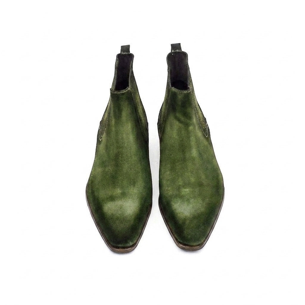 Height Increasing Goodyear Welted Cadaval Green Suede Chelsea Boot with Violin Leather Sole
