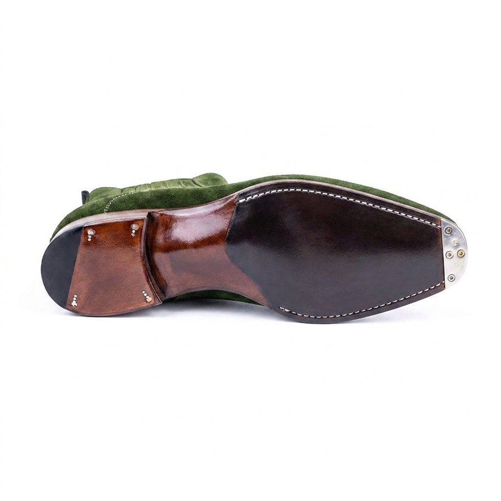 Height Increasing Goodyear Welted Cadaval Green Suede Chelsea Boot with Violin Leather Sole