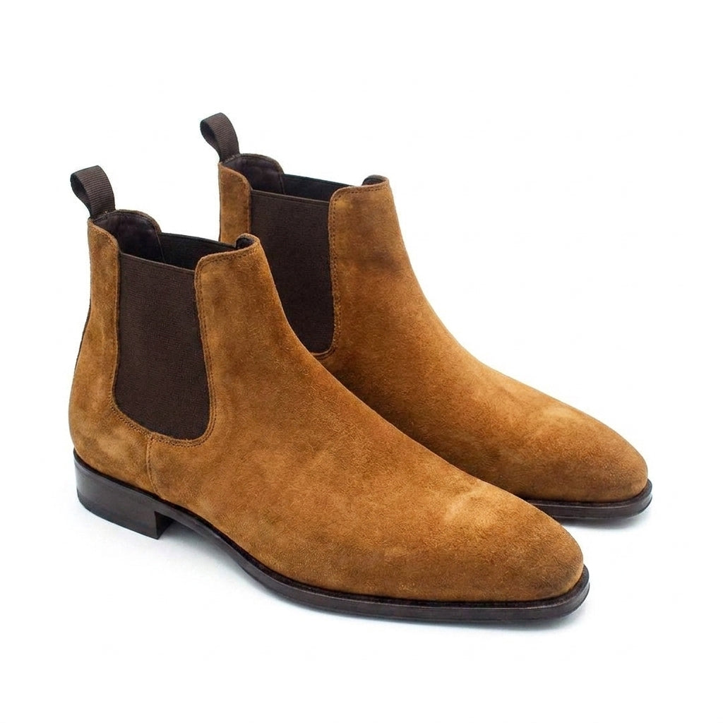 Height Increasing Goodyear Welted Cadaval Tan Suede Chelsea Boot with Violin Leather Sole
