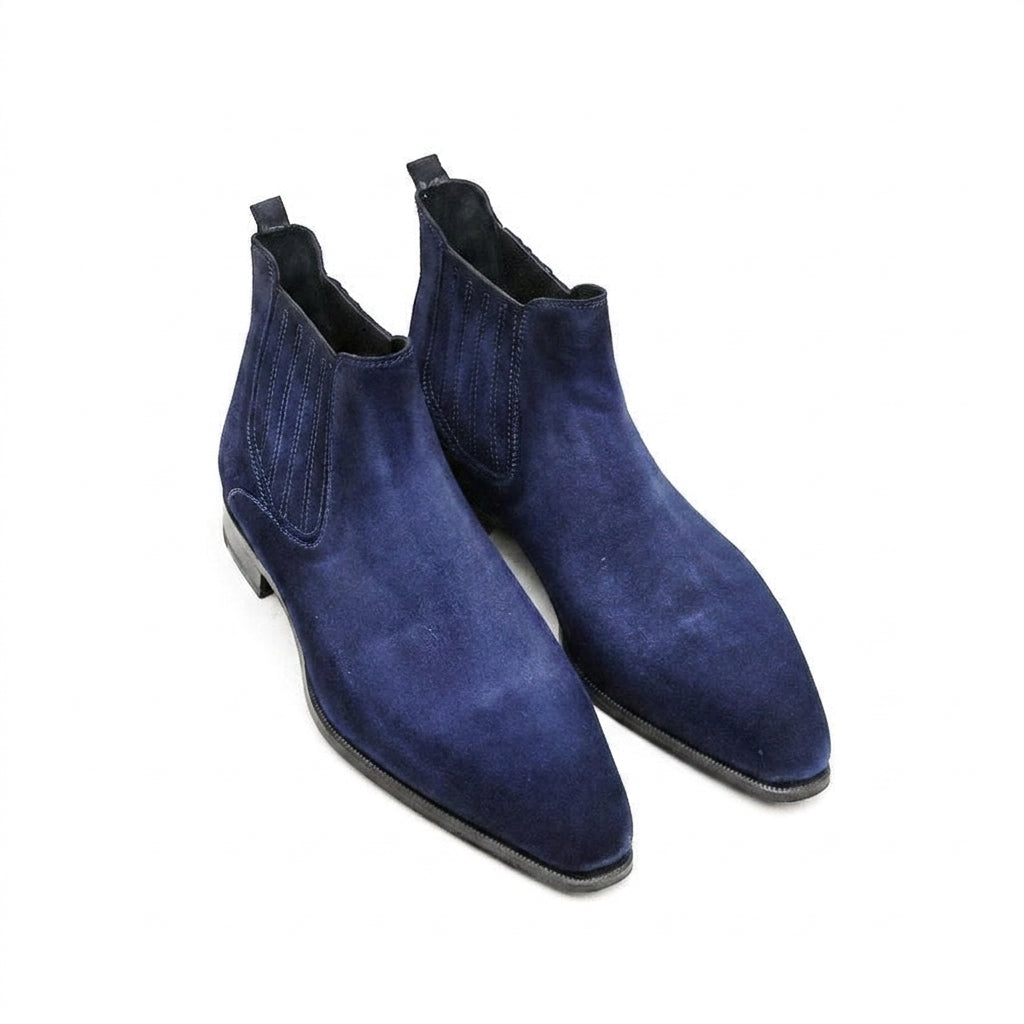 Height Increasing Goodyear Welted Cadaval Denim Blue Suede Chelsea Boot with Violin Leather Sole