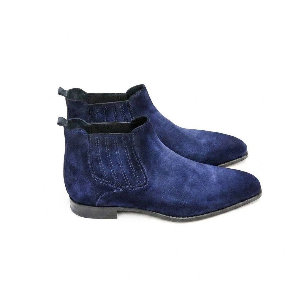 Height Increasing Goodyear Welted Cadaval Denim Blue Suede Chelsea Boot with Violin Leather Sole