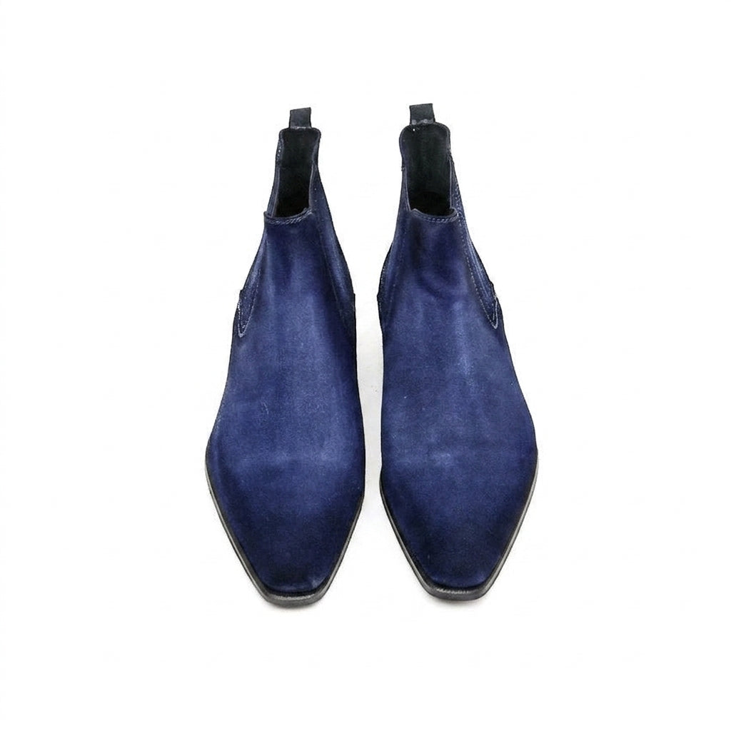Height Increasing Goodyear Welted Cadaval Denim Blue Suede Chelsea Boot with Violin Leather Sole