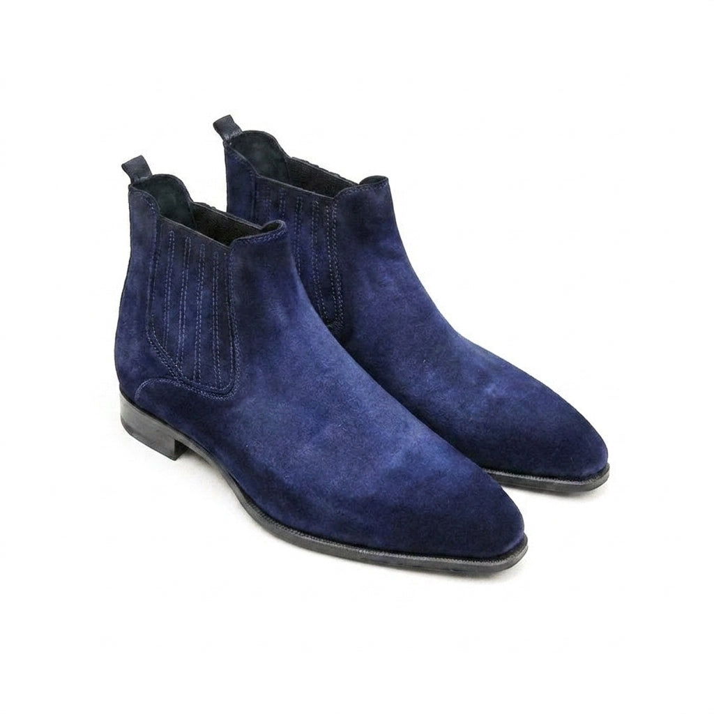 Height Increasing Goodyear Welted Cadaval Denim Blue Suede Chelsea Boot with Violin Leather Sole