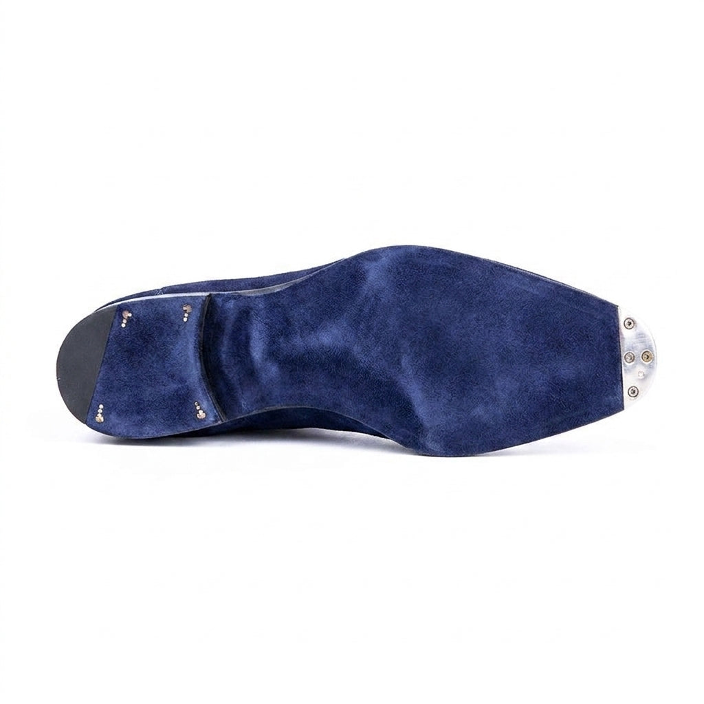 Height Increasing Goodyear Welted Cadaval Denim Blue Suede Chelsea Boot with Violin Leather Sole