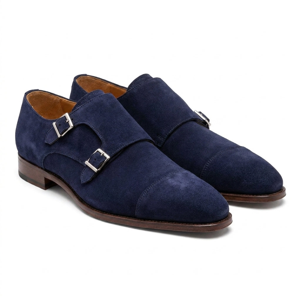 Height Increasing Blue Suede Gariton Monk Strap Shoes