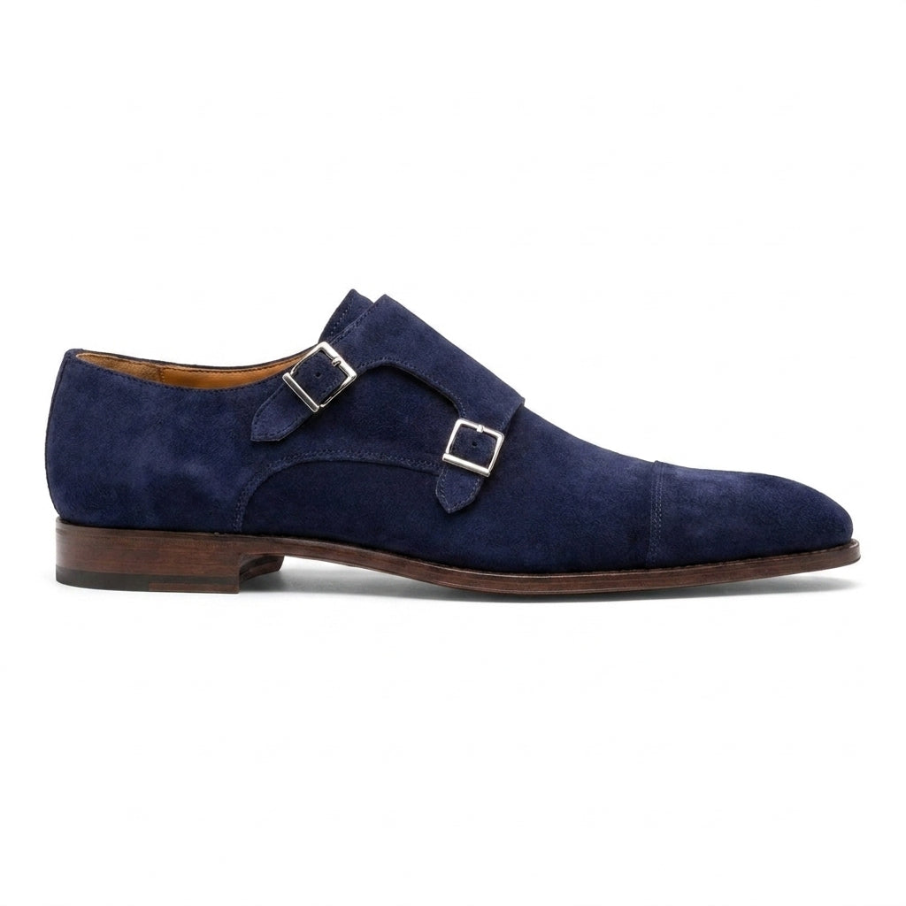 Height Increasing Blue Suede Gariton Monk Strap Shoes