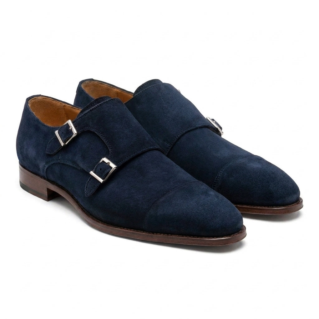 Height Increasing Blue Suede Gariton Monk Strap Shoes