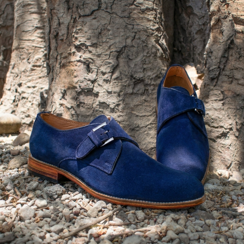 Height Increasing Navy Blue Suede Cheshire Monk Strap Shoes